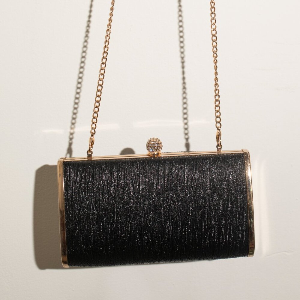 Black and Gold Faux Textured Leather Evening Clutch with Removable Crossbody Cha